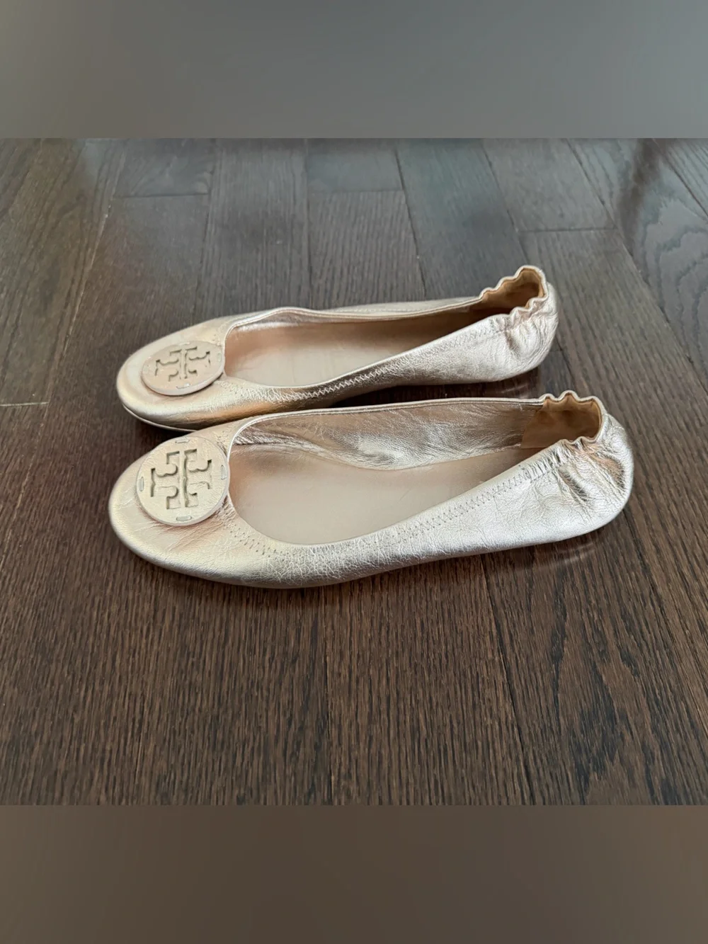 Tory Burch Rose Gold Minnie Ballet Leather Logo Shoes Flats Size 9.5M